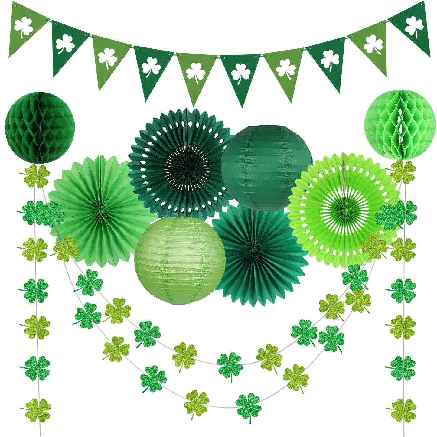 zilue St Patricks Day Decorations, Green Party Supplies Four-leaf Clover Garland Tissue Paper Fan Paper Lantern for Irish Party Saint Patricks Day Decor