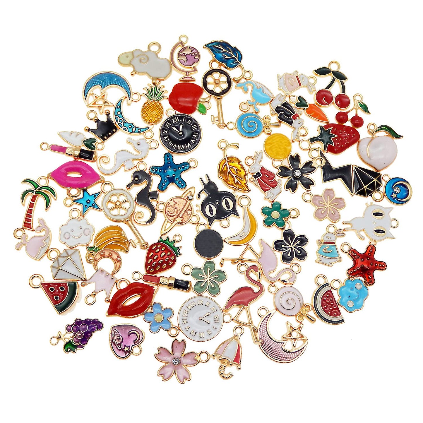 60pcs(30PAIRS) Assorted Gold Plated Enamel Moon Star Animals Dainty Dangle Fruit Flowers Pendants Charms for Earrings Jewelry Making Necklace Bracelet