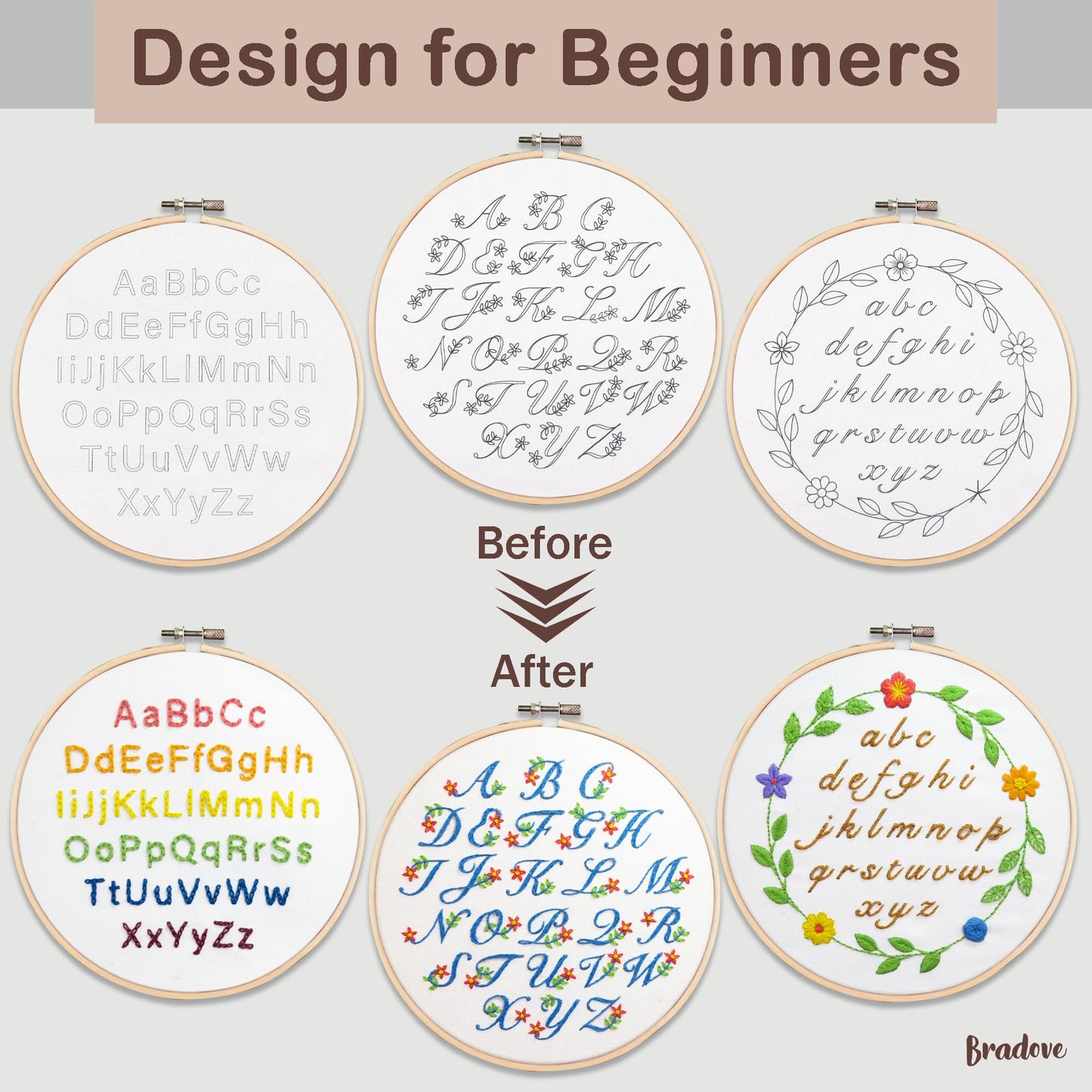 Bradove 3 Sets Alphabet Letter Practice Embroidery Kit for Beginners Adults Kids with Embroidery Patterns, Learn to Embroider Kit Adult Beginners