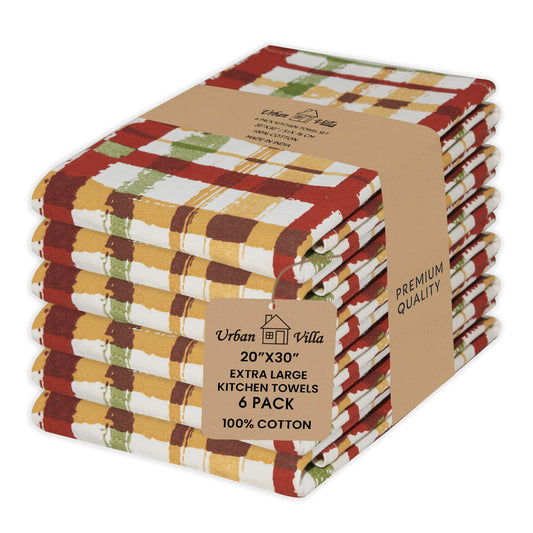 Urban Villa Fall Kitchen Towels Harvest Checks Print Dish Towels Set of 6 20"X30” 100% Cotton Highly Absorbent Quick Drying Dish Cloths & Dish Towels Thanks Giving Tea Towels with hanging loop Towels