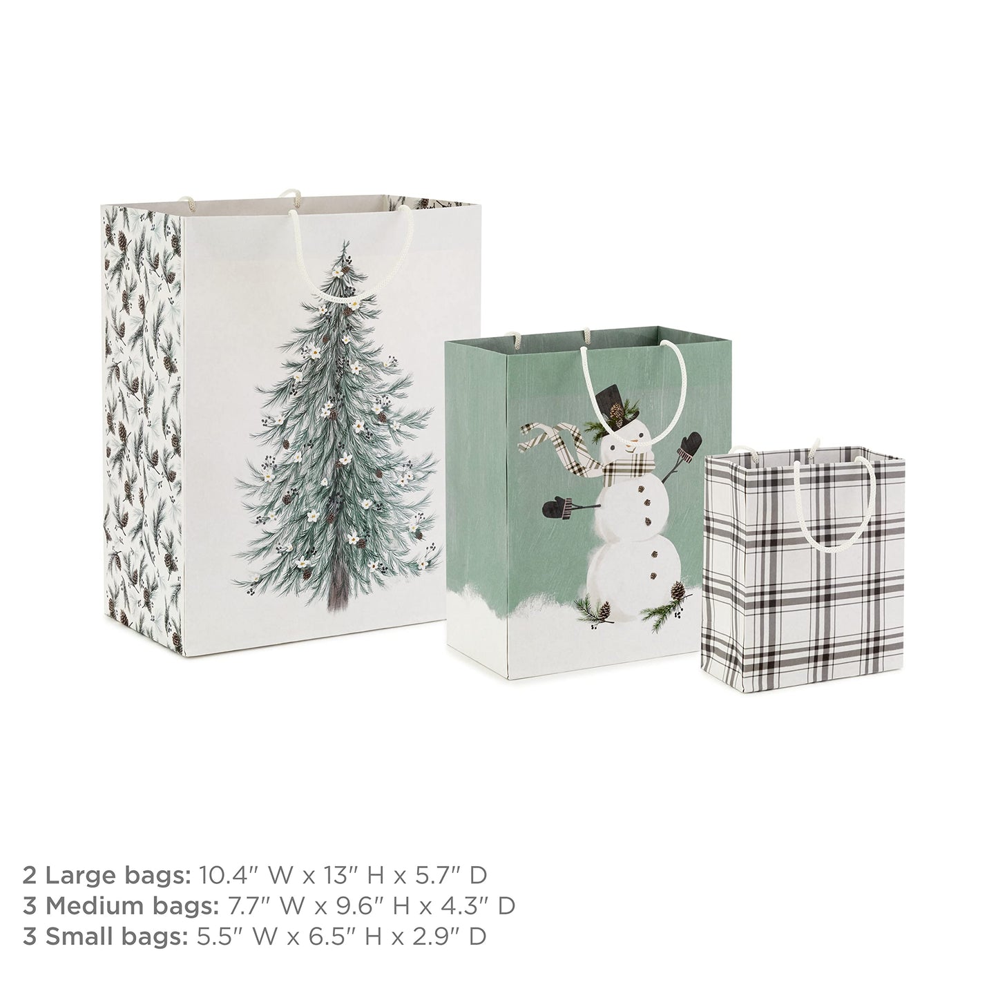 Christmas Gift Bag Assortment (8 Bags: 3 Small 6", 3 Medium 9", 2 Large 13") White and Sage Green with Rustic Snowman, Plaid, Evergreen Tree for Christmas, Winter Weddings, Birthdays