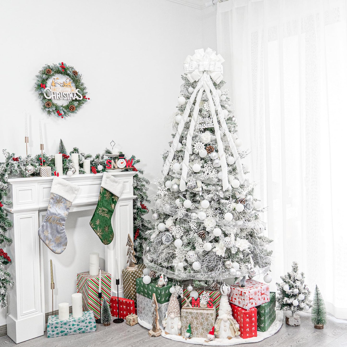 Hismir Christmas Tree Topper Bow，53x13 Inches Large Christmas Bow with Glitter Streamer and Patterned Ribbon，Decorative Bows for Xmas Tree Wreath Door Festival Home Decor(White)