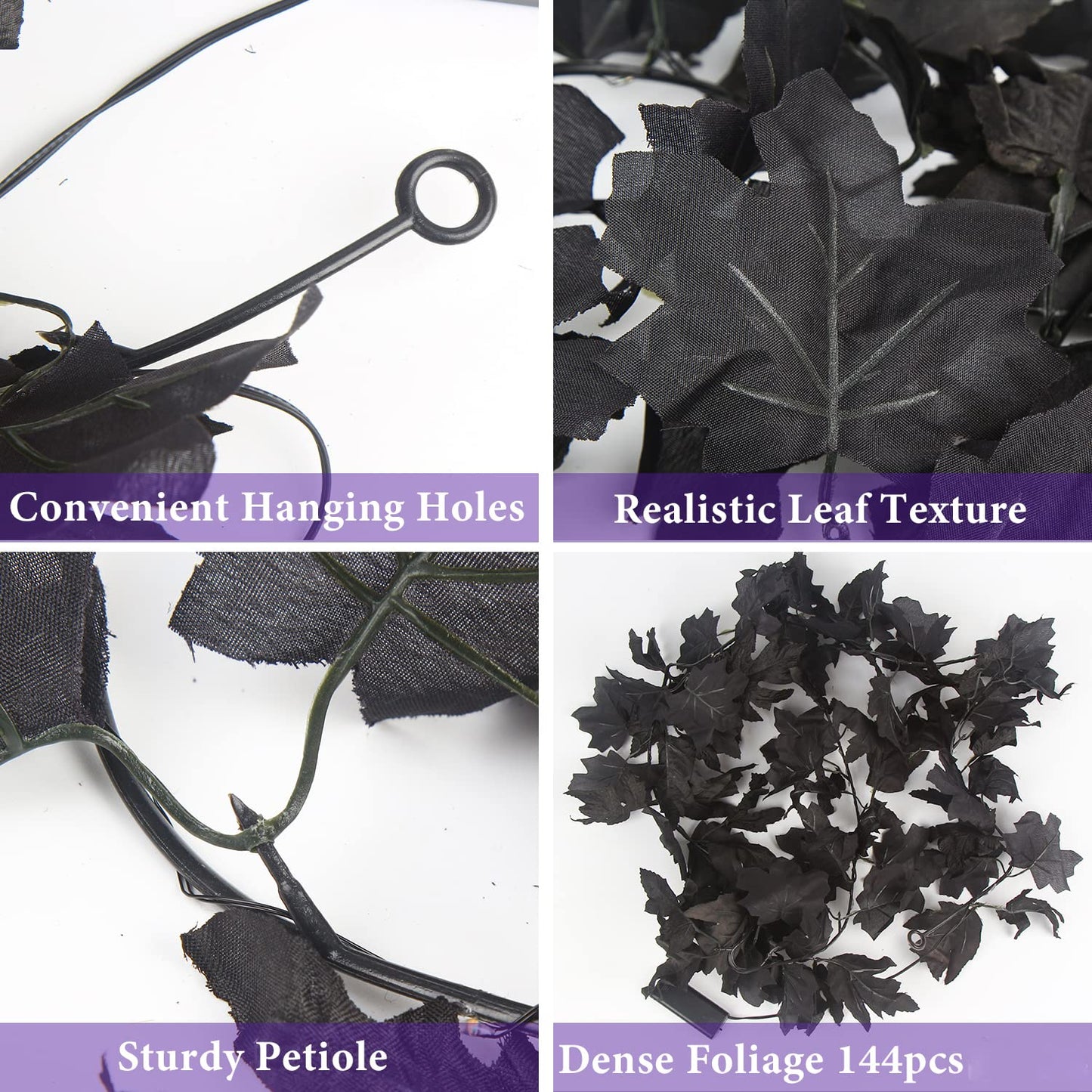 FINGOOO 2 Pack Black Garland Halloween,5.9Ft Black Vines Maple Leaf with Purple Lights for Fireplace Stairs Party Hanging Decor