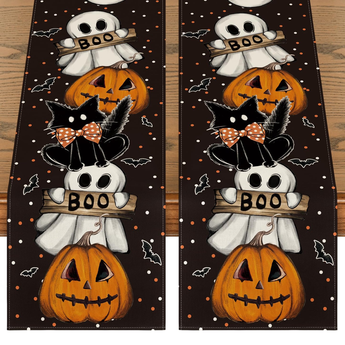 Polka Dot Ghost Pumpkin Cat Boo 2PCS Halloween Table Runner, Bat Seasonal Fall Kitchen Dining Table Decoration Home Party Decor 13x72 Inch