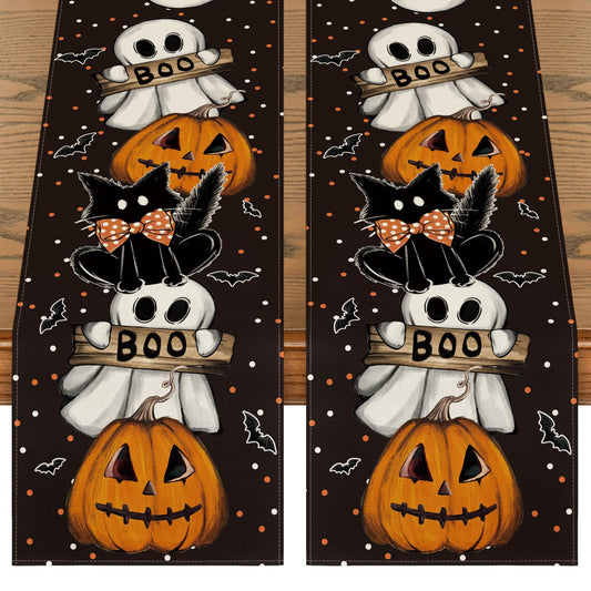 Polka Dot Ghost Pumpkin Cat Boo 2PCS Halloween Table Runner, Bat Seasonal Fall Kitchen Dining Table Decoration Home Party Decor 13x72 Inch
