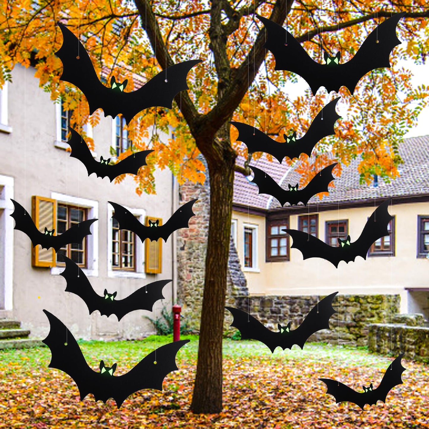 21pcs Halloween Hanging Bats Large Flying Bats Outdoor Decorations Fake Black Bats with Glow in the Dark Eyes for Halloween Outside Tree Yard Porch Decor Supplies
