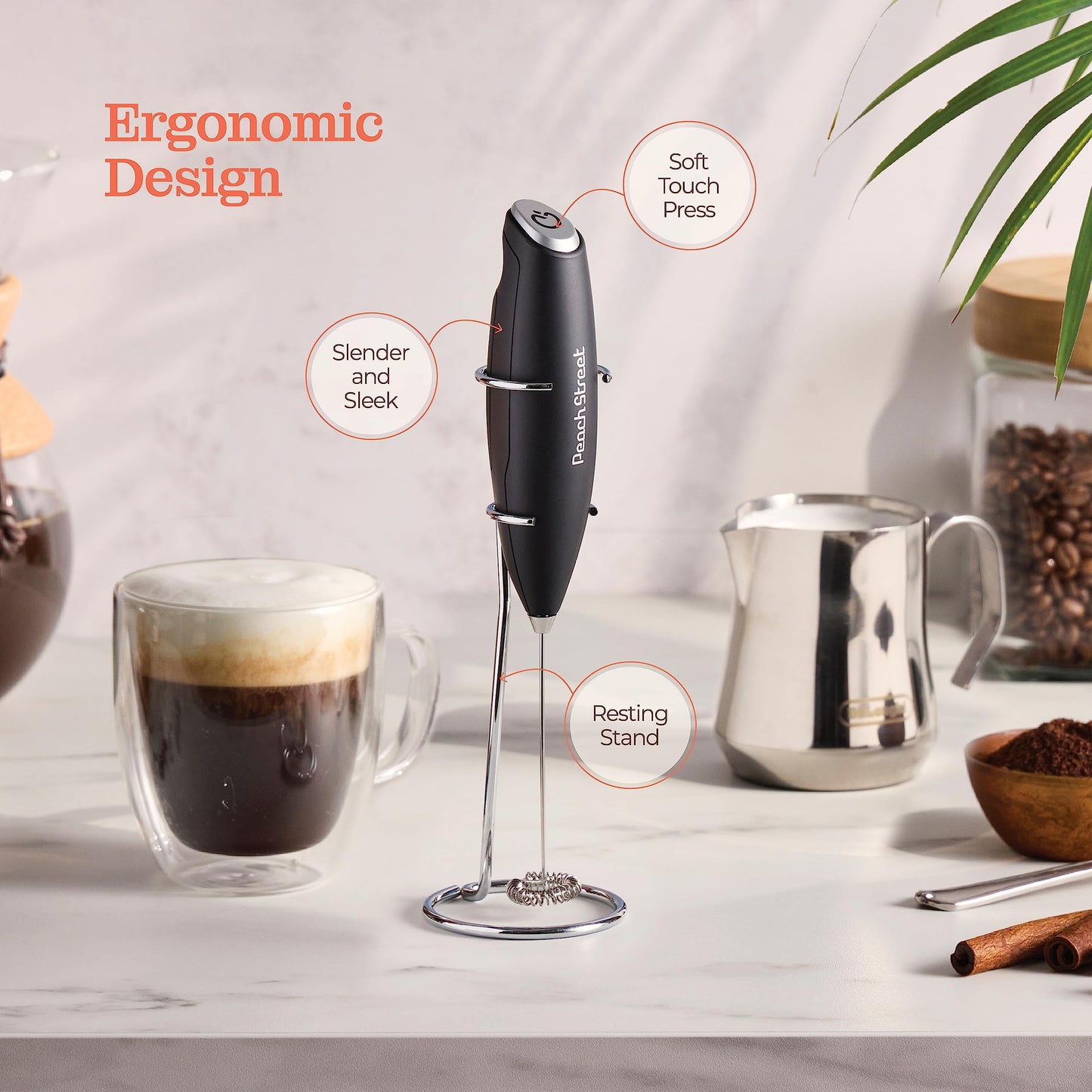 Powerful Handheld Milk Frother, Mini Milk Frother Wand, Battery Operated Stainless Steel Drink Mixer - Milk Frother Stand for Milk Coffee, Lattes, Cappuccino, Frappe, Matcha, Hot Chocolate