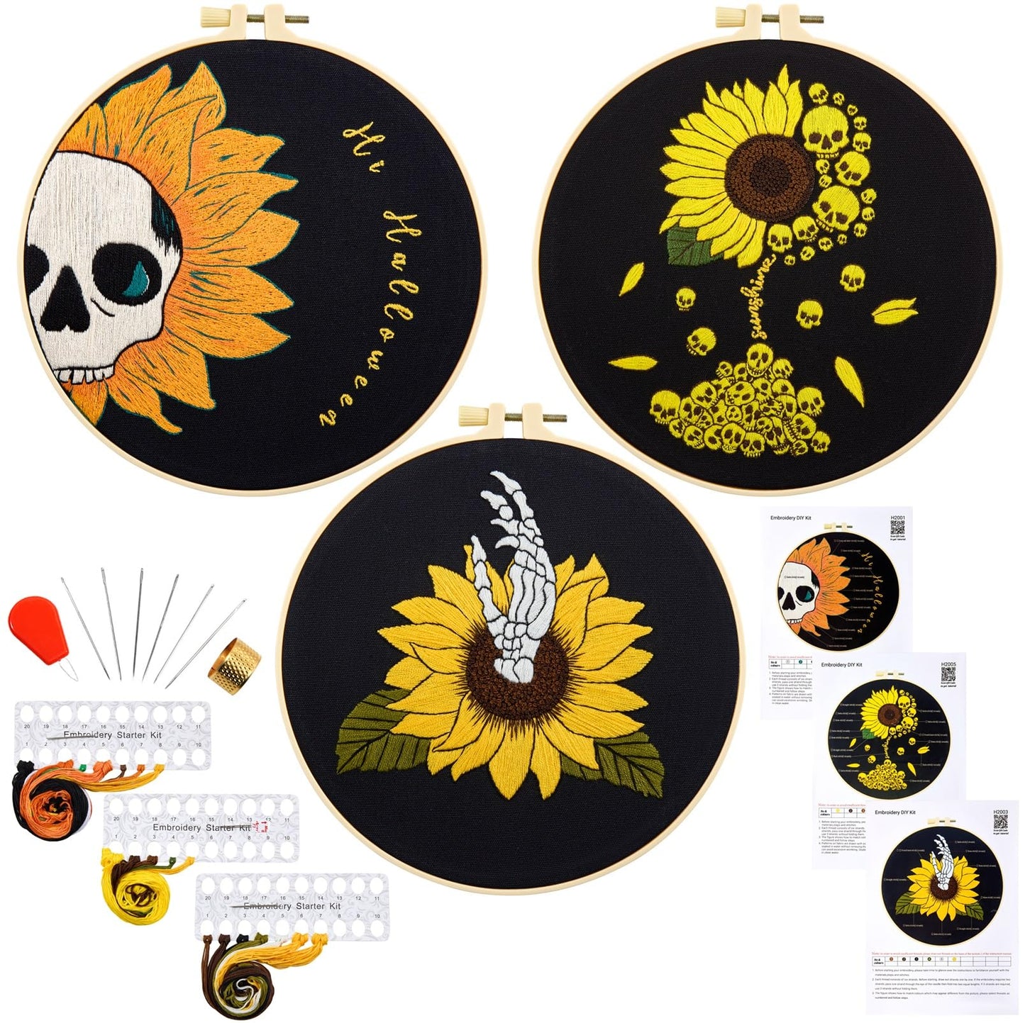 Halloween Gothic Embroidery Kits for Beginners Adults, Skull Hand Embroidery Needlepoint Kits, Sunflower Stamped Cross Stitch Kits for Beginners Adult, 3 Set Embroidery Hoops (Attached Video Tutorial)