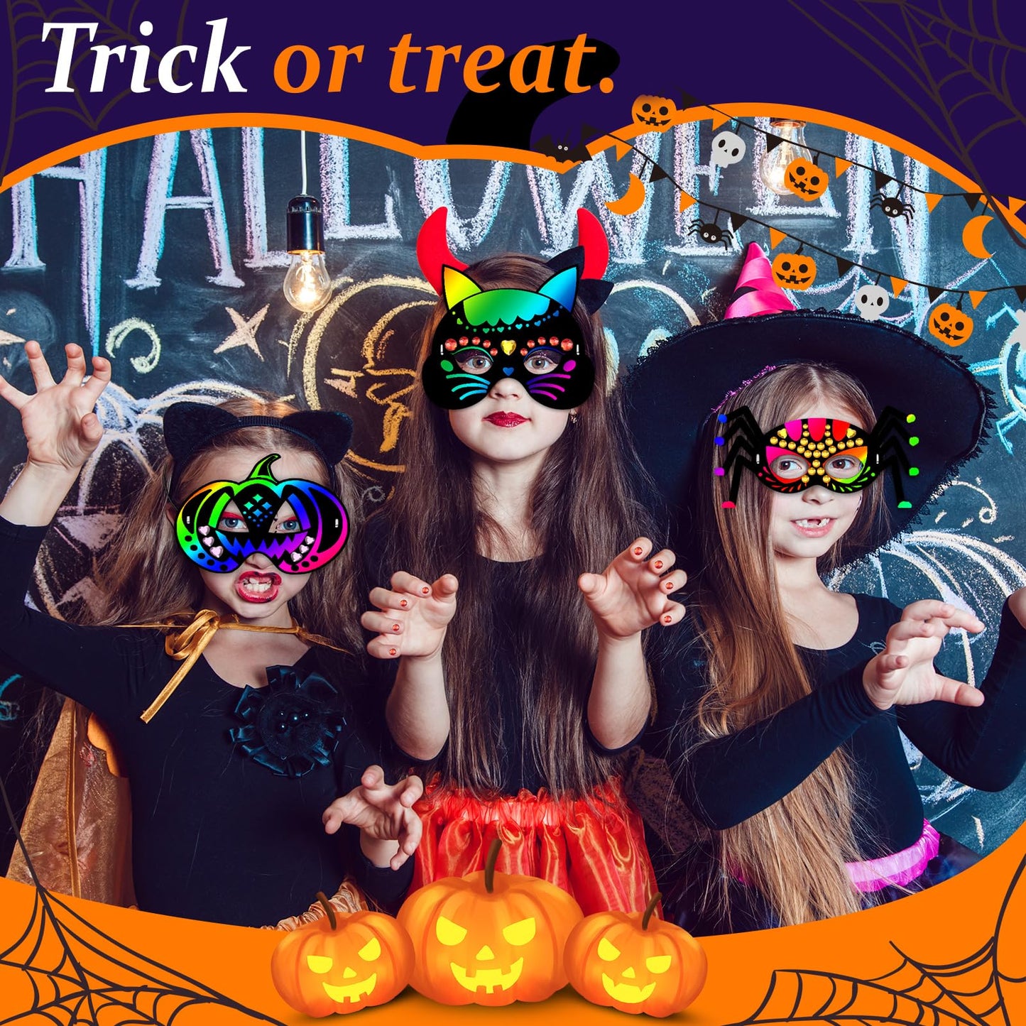 Natonhi 32Pcs Halloween Crafts for Kids Rainbow Scratch Mask, Halloween Games Scratch Art and Craft Kit Classroom Activities Favors Party Supplies