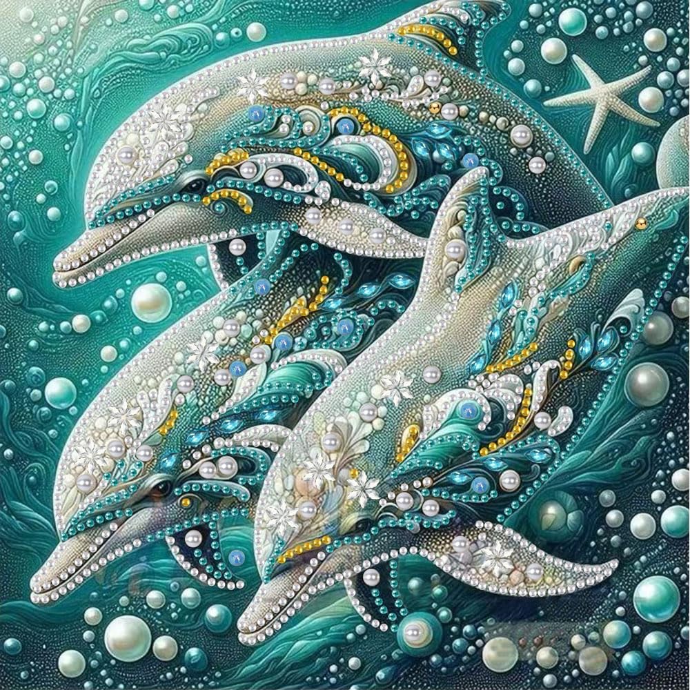 Dolphin Animal Diamond Art Kits for Adults Beginner,5D Diamond Painting Kits for Dolphin Family,DIY Special Shape Gem Painting Crystal Rhinestones Crafts Art Kits,Home Wall Decor 11.8 X 11.8Inch