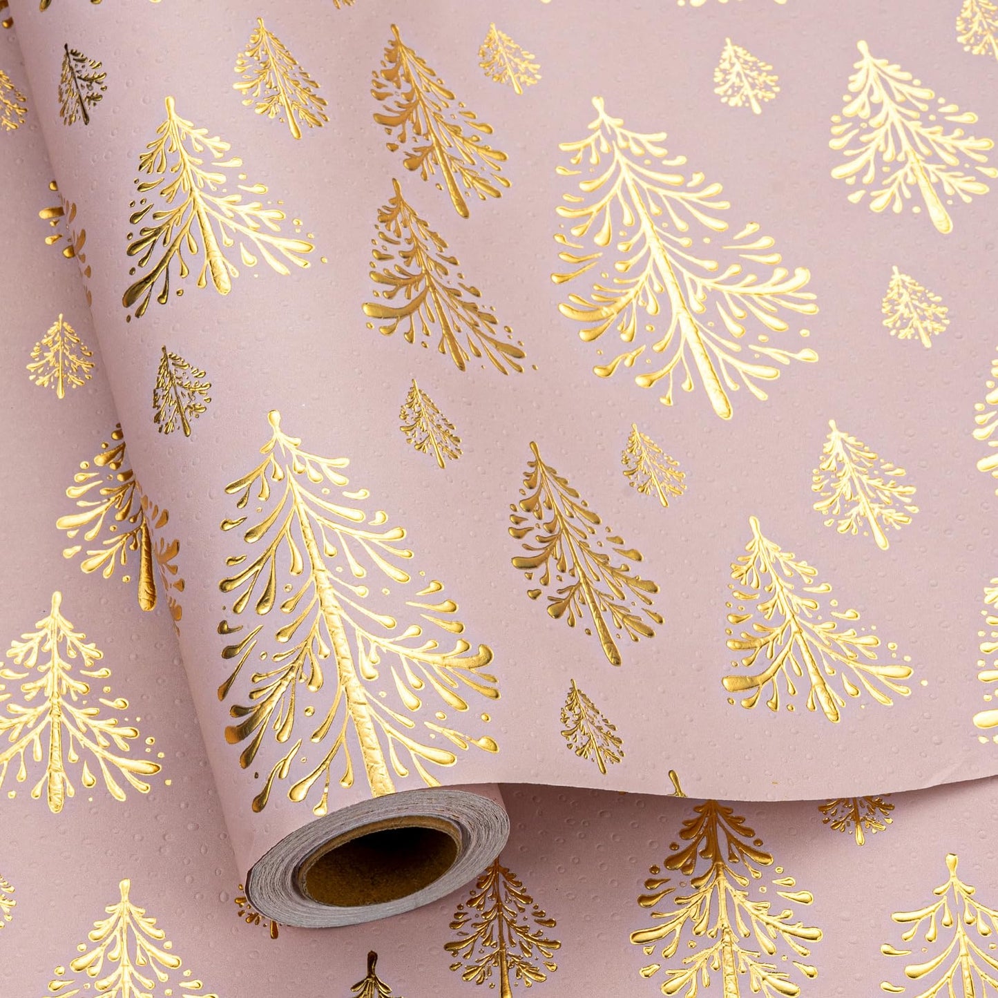 Kraft Christmas Wrapping Paper-Pink 3D Embossed Gold Foil Christmas Pine Tree with Woodlands for Chrsitmas, Holiday, Party,Celebration (17 Inch X 32.8 Feet)