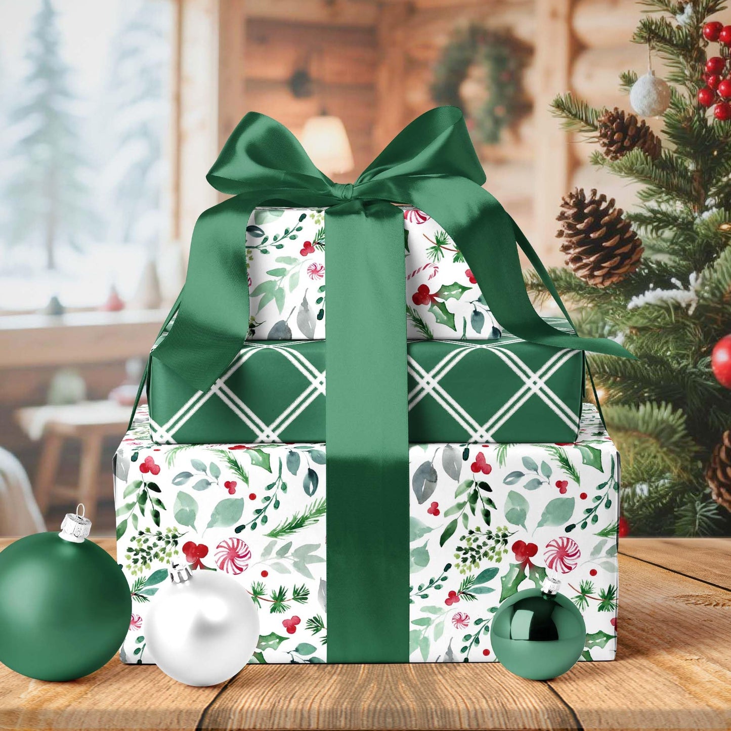 Vintage Christmas Wrapping Paper Roll, Reversible Gift Wrap with Holly Leaves, Red Berries, Candy Cane & Green Plaid Design, Double-Sided Xmas Wrapping Paper for Holiday, Season Party, 17 inch x 33 feet