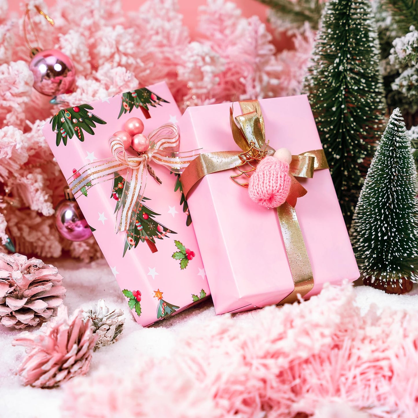 WRAPAHOLIC Reversible Pink Christmas Wrapping Paper - Mini Roll - 17 Inch x 33 Feet - Pink Christmas Tree Wrapping Paper for Holiday, Party Celebration
