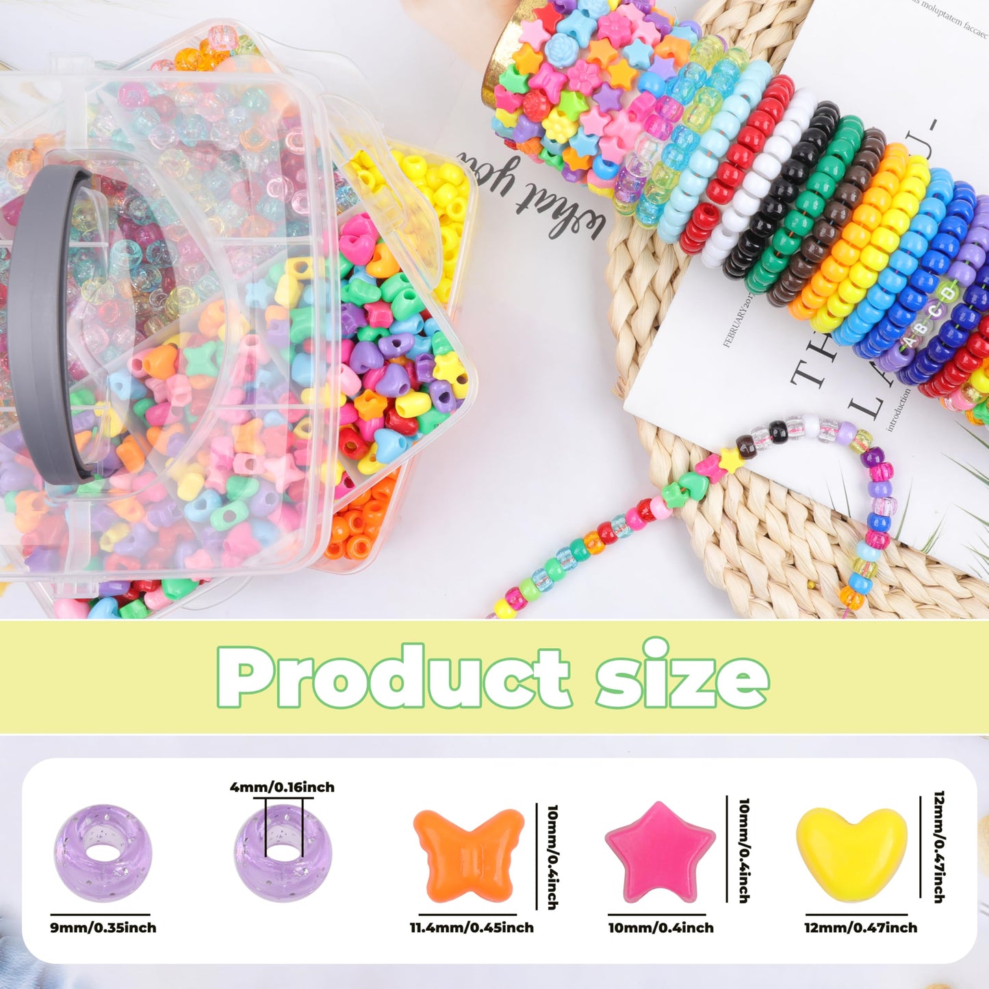 KAKW 4800 Pcs Pony Beads for Friendship Bracelets 6x9mm 18 Solid 8 Color Shapes 10 Glitter Plastic Beads for Jewelry Making Supplies Necklaces Keychains Hair Braid DIY Craft Accessories