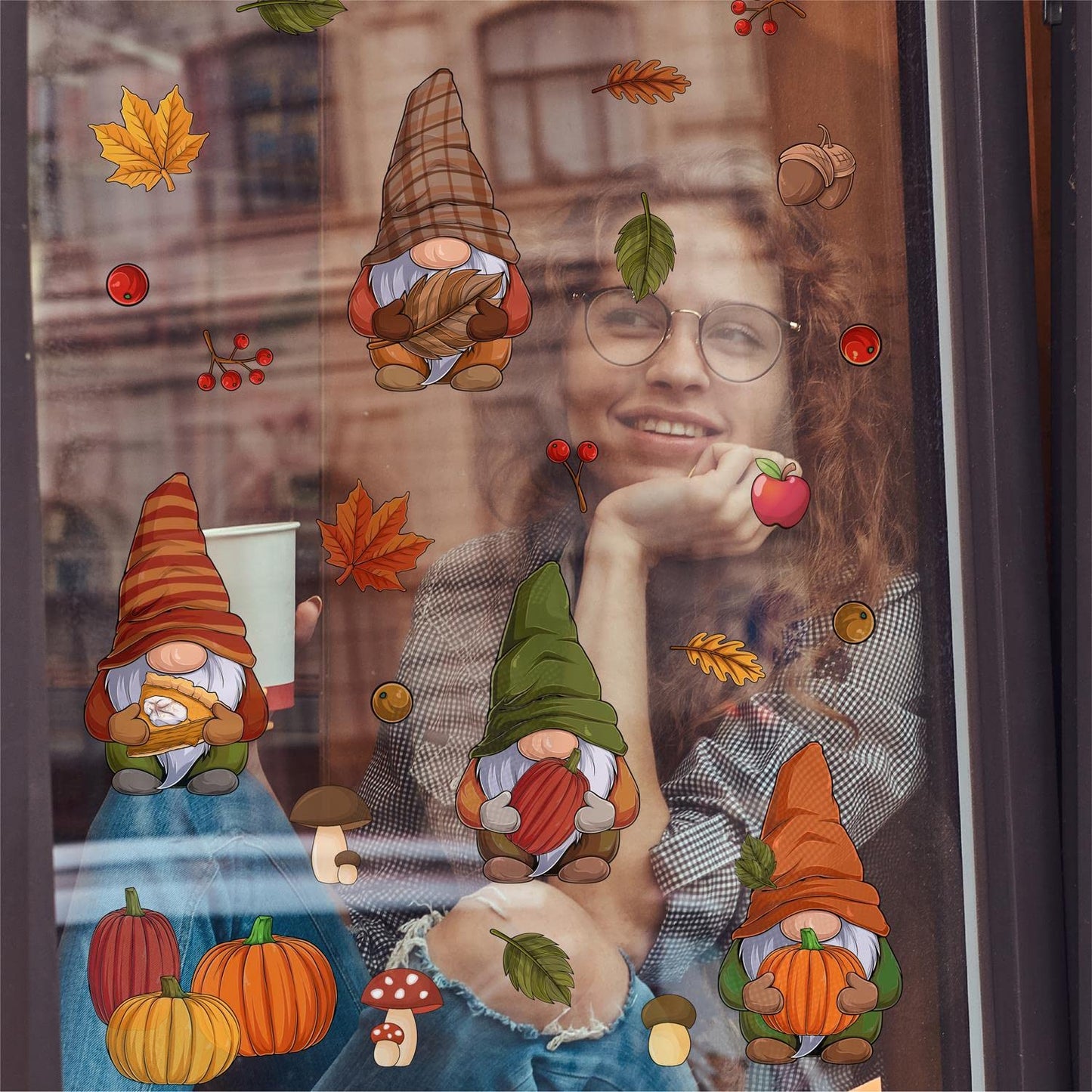 Fall Decor Autumn Window Clings Thanksgiving Decorations Double-Sided Reusable Peel and Stick Removable for Glass Living Room Nursery Room Home Office Thanksgiving Gnomes 102 Pieces
