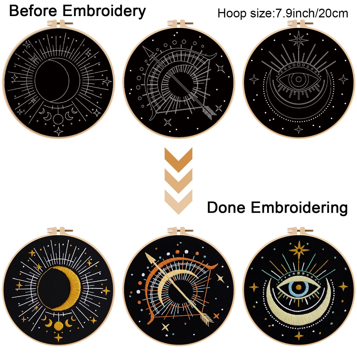 Louise Maelys 3 Set Tarot Moon Embroidery Kits for Beginners with Evil Eye Pattern,Adults Starter Cross Stitch Kit DIY Needlepoint