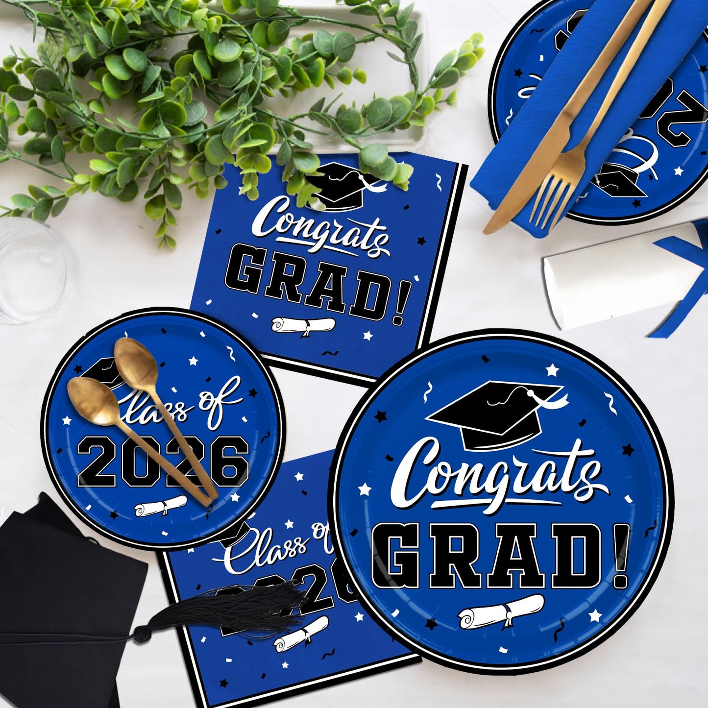 Gatherfun Graduation decorations 2026 Graduation Plates and Napkins Blue Disposable Paper Plates Luncheon Napkins Cocktail Napkins for Congrats Grad Party Decorations, Serve 50
