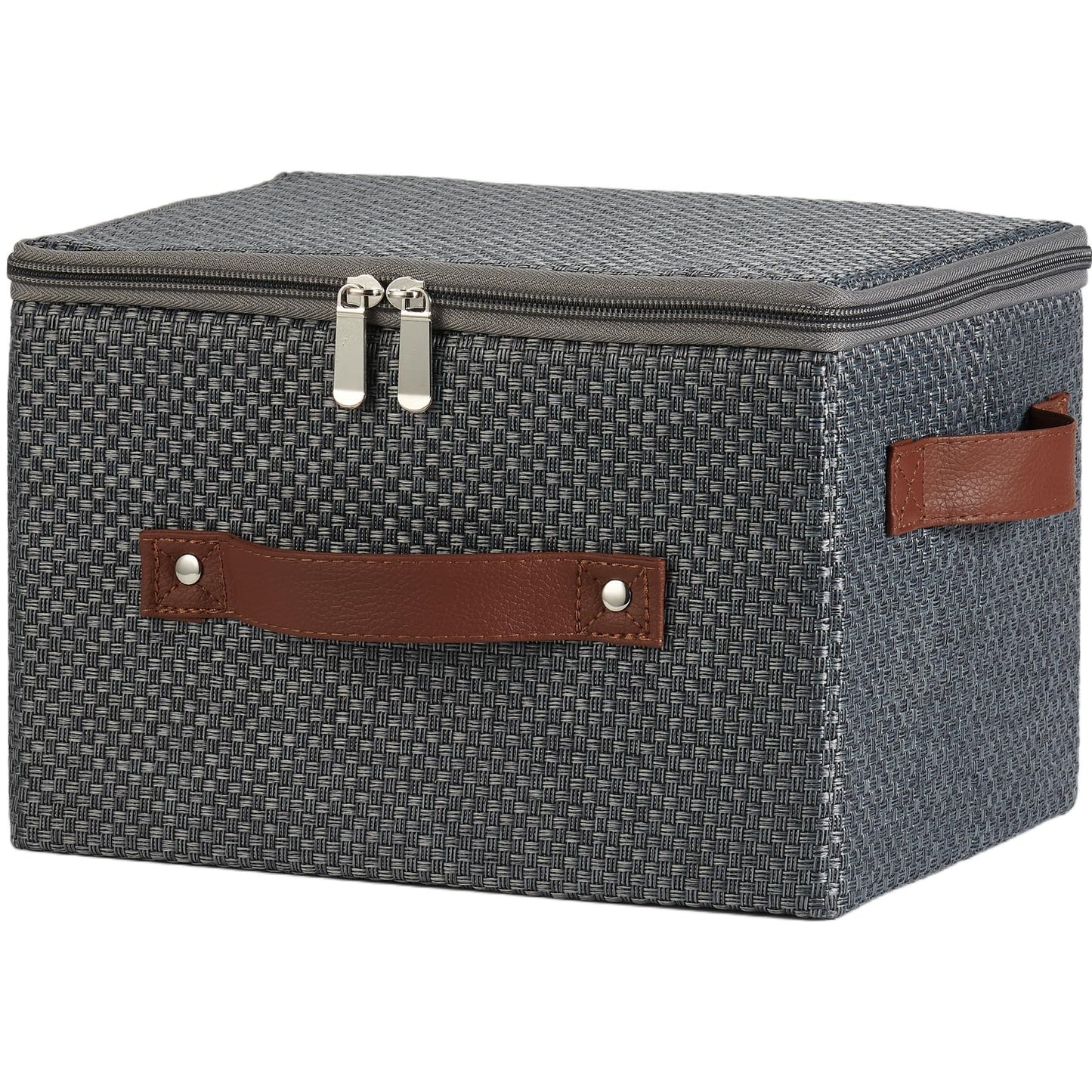 Storage Bins with Lid Fabric Storage Box Basket PU Leather Handle Textured Woven Cotton Linen Decorative Foldable Washable Shelf Closet Organizer Container (Zipper Lid, Gray, Small)