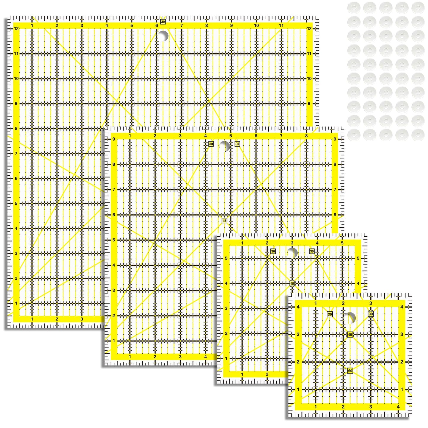 VPVPV 4 Piece Quilting Ruler,Acrylic Square Ruler,Quilting Templates,with Non Slip Rings 50 Pieces（4.5“X4.5”、6“X6”、9.5“X9.5”、12.5“X12.5”）