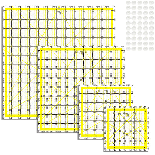 VPVPV 4 Piece Quilting Ruler,Acrylic Square Ruler,Quilting Templates,with Non Slip Rings 50 Pieces（4.5“X4.5”、6“X6”、9.5“X9.5”、12.5“X12.5”）