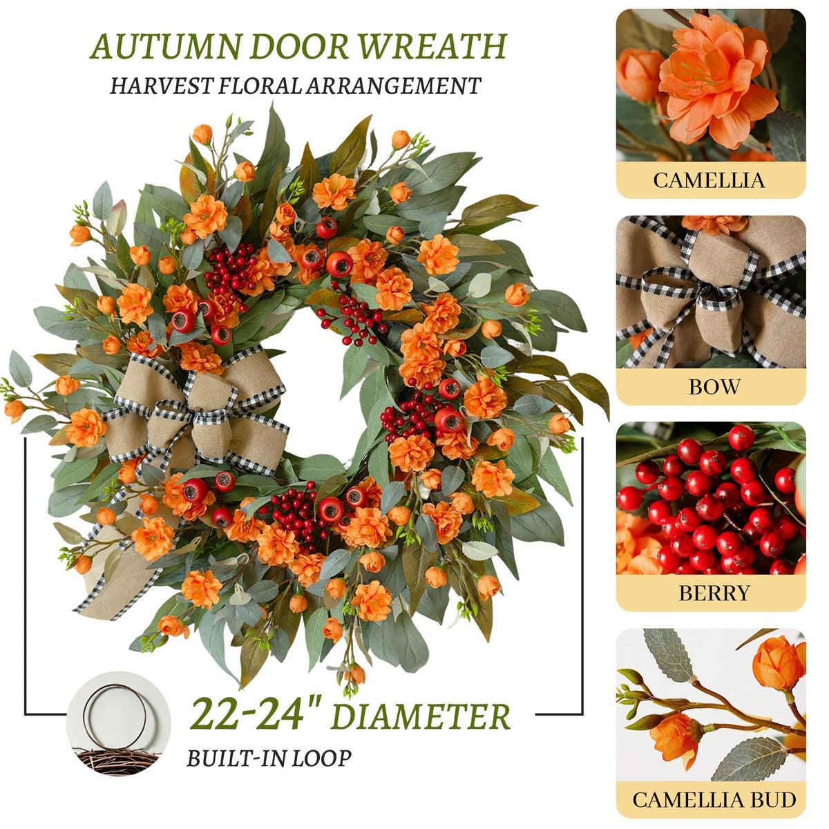 24 Inch Harvest Fall Wreaths for Front Door Outside with Bow & Red Berries