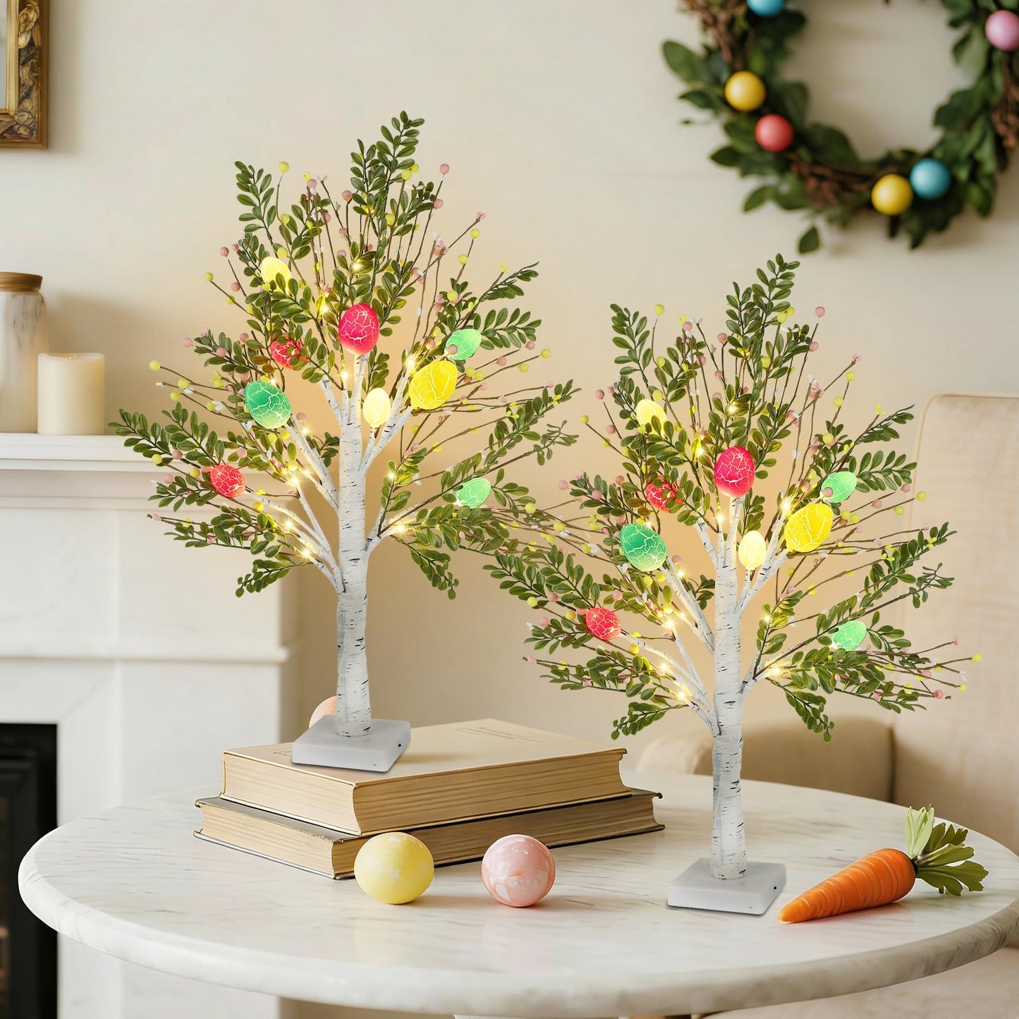 27 Inch Easter Decorations for Home – 2 Pack Lighted Easter Trees, Light Up Birch Trees with Easter Egg, Tabletop Spring Decor for Mantel Indoor Office