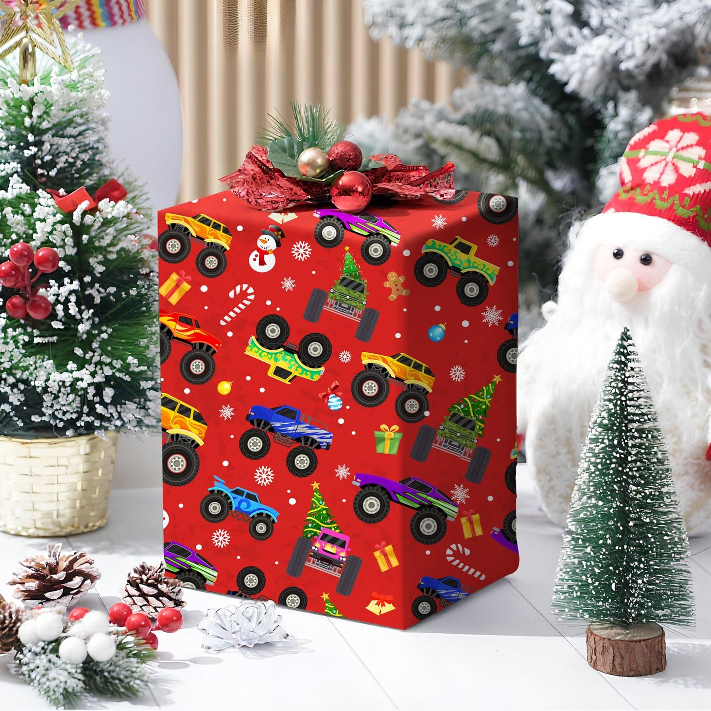 Cuitpan Red Monster Truck Christmas Wrapping Paper - Xmas Gift Wrap with Holiday Trees, Snowmen & Gingerbread Men Design - Ideal for Kids & Adults Gift Wrapping - 40×28 Inches, 4 Folded Sheets