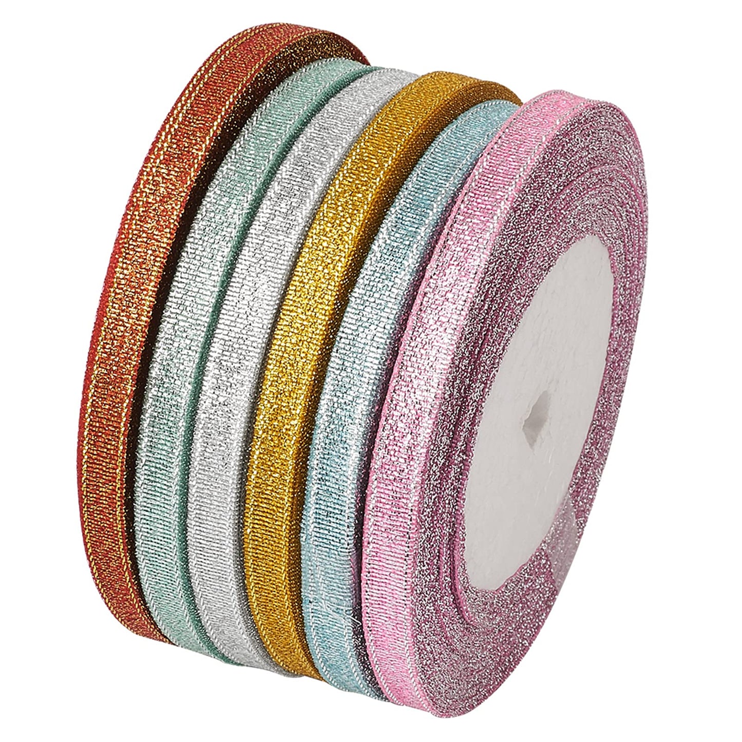 6 Rolls 198 Yards Sparkly Glitter Fabric Ribbon 1/4-Inch 6mm Metallic Sheer Organza Ribbon 6 Colors for Jewelry Bows Making Party Wedding Present Package Wrapping