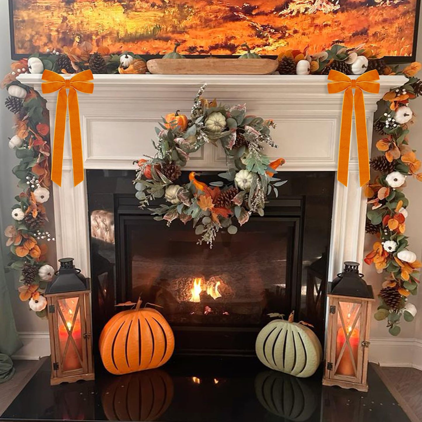 12Pcs Fall Velvet Ribbon Bows Tree Decorations,5in x 10in Orange Christmas Ornaments for Tree Home Thanksgiving Party Front Door Wreath Holiday Decor