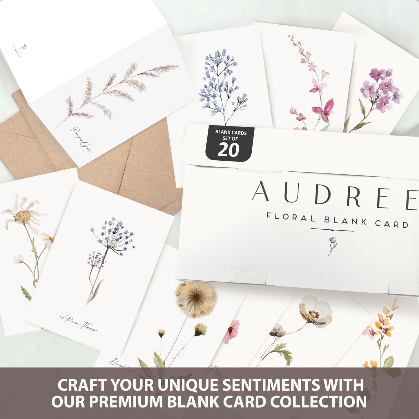 AUDREE 20 Pack Blank Cards and Envelopes 4x6 - Watercolor Single Blank Greeting Cards with Envelopes and Matching Sticker - Blank Note Cards and Envelopes for All Occasions