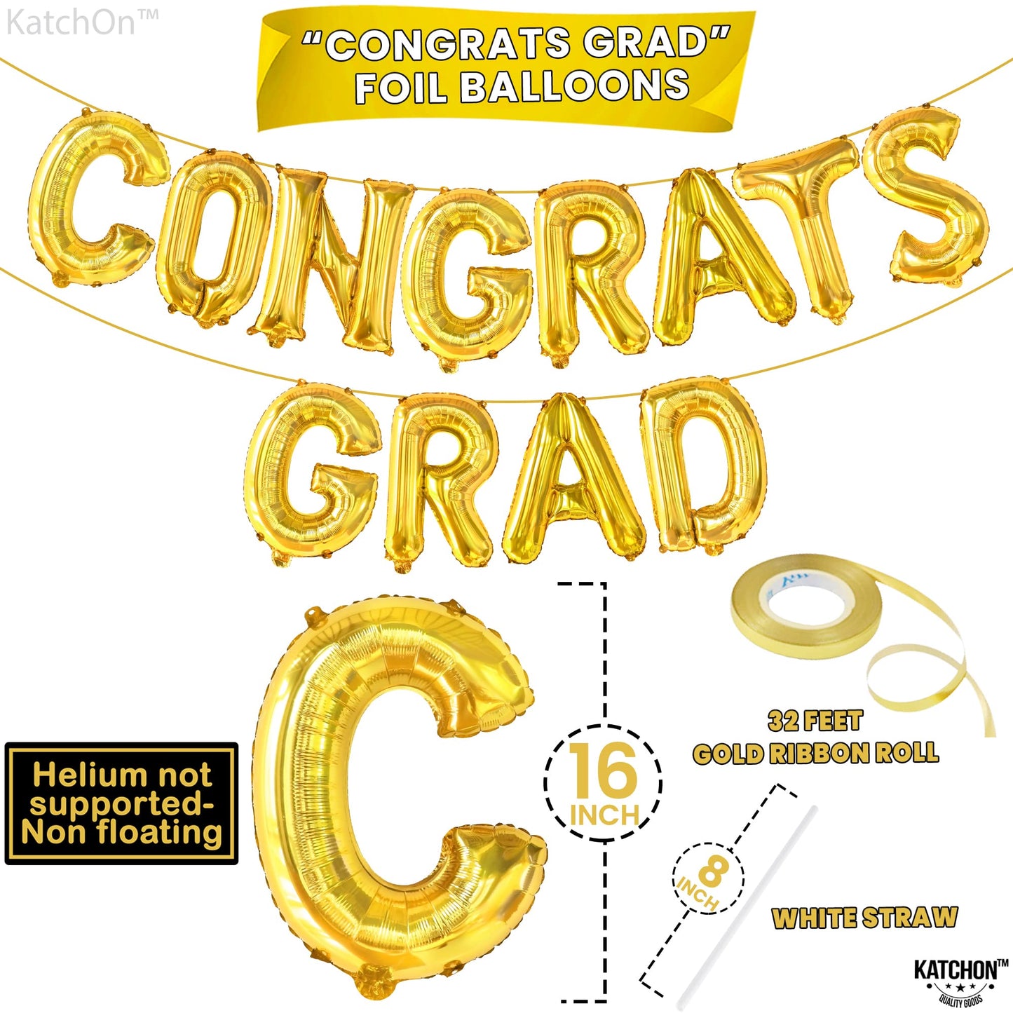 Graduation Decorations 2026 | Gold Congrats Grad Balloons - 16 Inch | Congrats Grad Banner For Graduation Decorations 2026 | Congratulations Banner | Gold Graduation Balloons, KatchOn