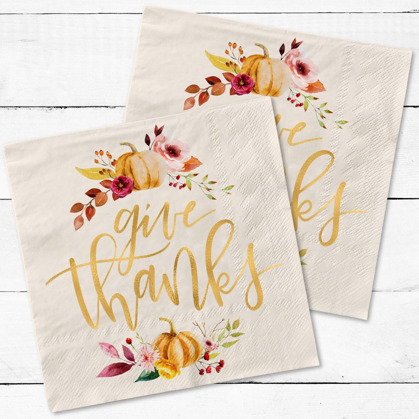 xo, Fetti Thanksgiving Gold Foil Napkins - 50 count | Give Thanks Decorations, 5 x 5 inches, 3ply, Autumn Leaves, Pumpkins, Fall Table Decor