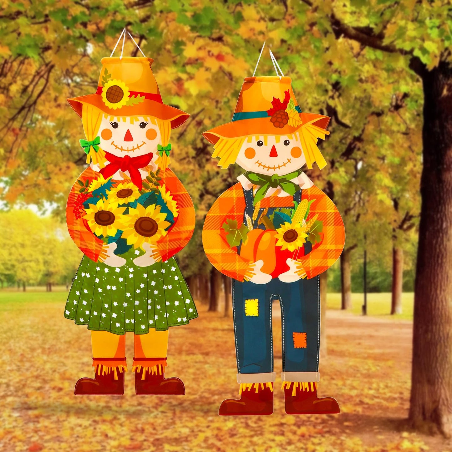 2 Pcs Fall Scarecrow Windsocks, Autumn Outdoor Hanging Flag Fall Scarecrow Hanging Sign Thanksgiving Outside Flag for Yard Lawn Patio Garden Party Decorations