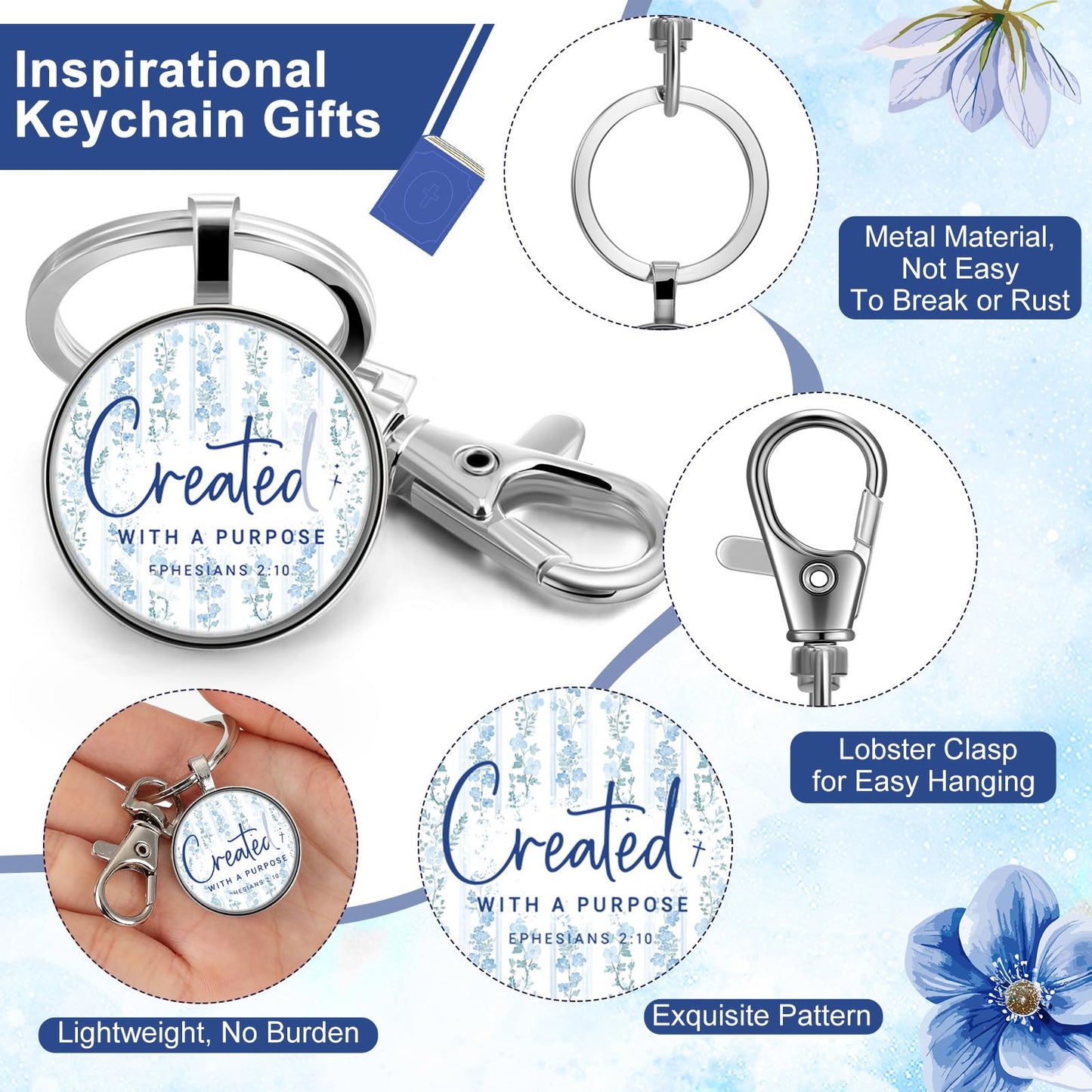 Fumete Mothers Day Gift for Women Bulk Keychain Bible Verse Religious Keychain Scripture Inspirational Gift for Church Member(20 Pcs,Blue White Watercolor)