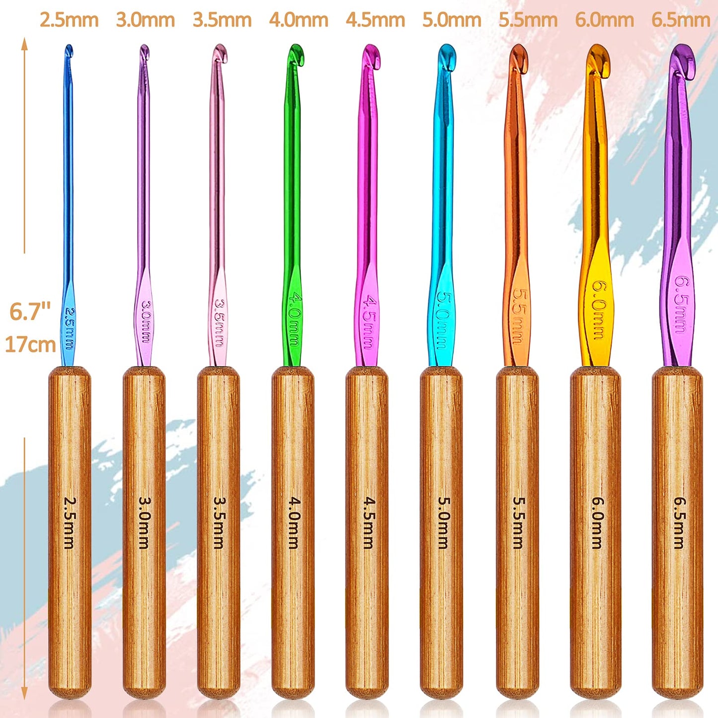 Bamboo Crochet Hooks Comfort Grip, 6.7" Crochet Kit Longer Aluminum Shaft Crochet Needles for Crocheting, Ergonomic Knitting Hooks Set for Crochet Yarn Craft, Premium Knitting Crochet Supplies