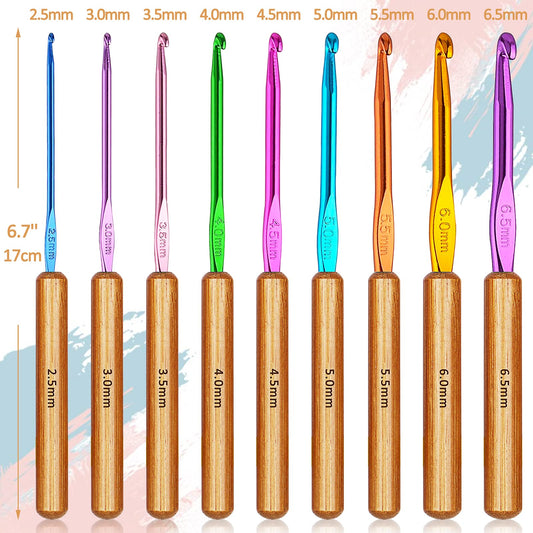 Bamboo Crochet Hooks Comfort Grip, 6.7" Crochet Kit Longer Aluminum Shaft Crochet Needles for Crocheting, Ergonomic Knitting Hooks Set for Crochet Yarn Craft, Premium Knitting Crochet Supplies