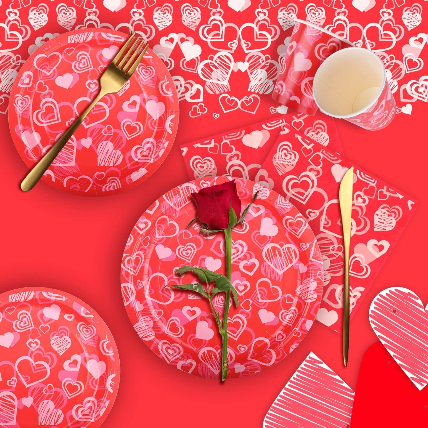 Gatherfun Valentine's Day Party Supplies Hot Heart Love Disposable Paper Plates Napkins Cups plastic Tablecloth with Banner for Valentine's Day, Engagements, Anniversary, Birthday Party Serve 25
