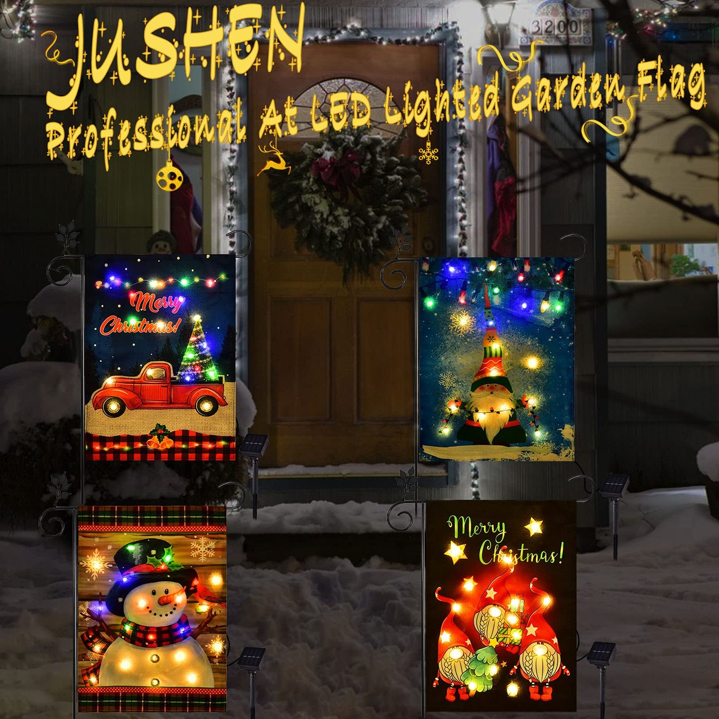 JUSHEN Merry Christmas LED Garden Flag, Lighted Red Gnome Flag, Vertical Christmas Flag for Outdoor Yard Garden Lawn Decoration(12x18 Inch)