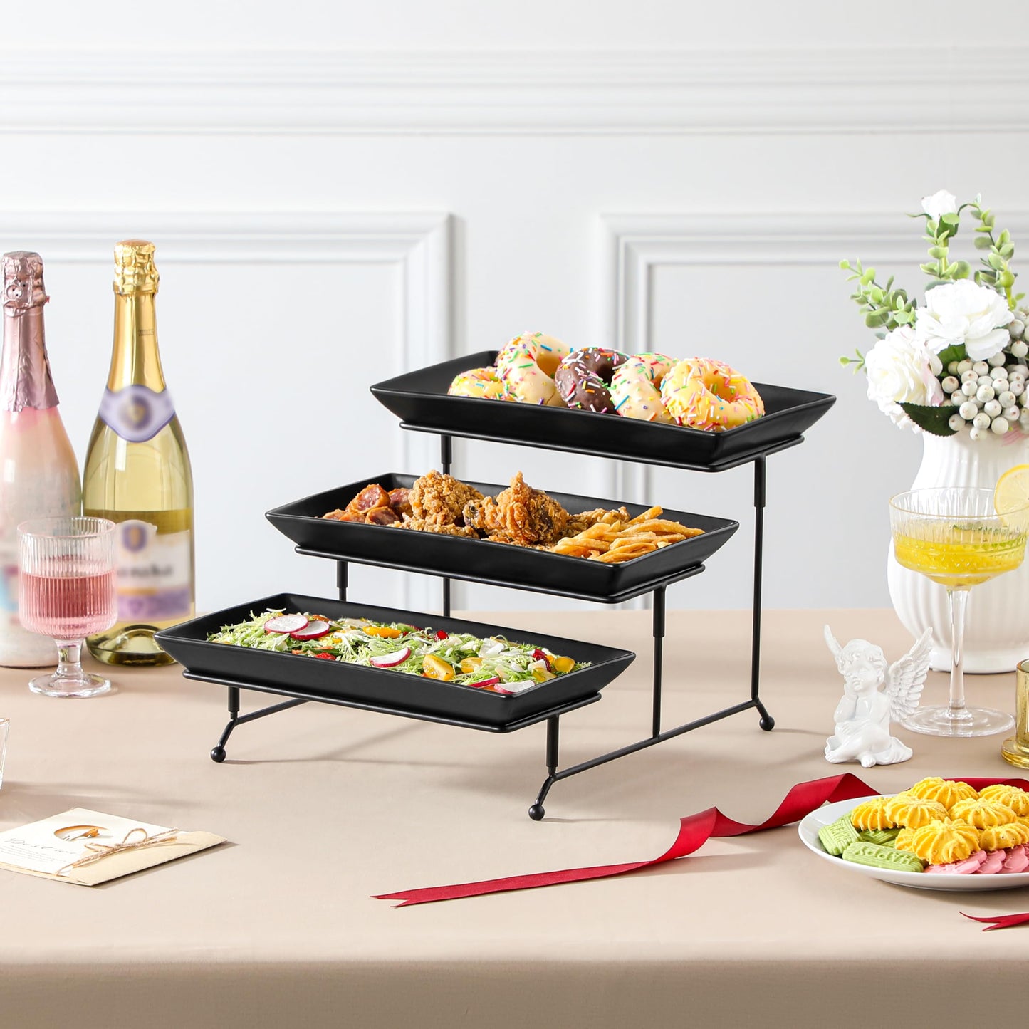 3 Tier Serving Tray, Porcelain Tiered Serving Trays Platters, 12 Inch Serving Stand with Platters,Black Dessert Stand with Collapsible Sturdier Metal Rack,Series PLAT