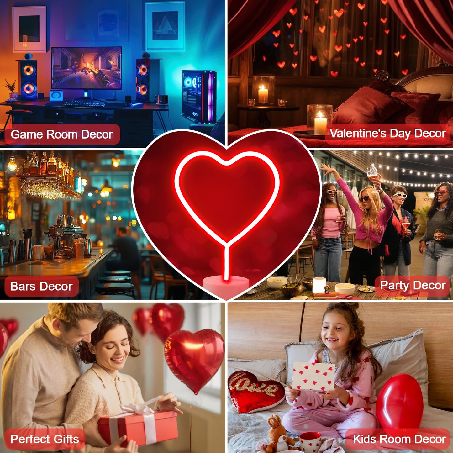 2 Pack Heart Neon Signs, LED Lights Battery Operated or USB Powered Decoration Lamp, Neon Lights Decor for Valentine's Day Gifts, Wedding, Party, Pink Room Decor (Red Heart)