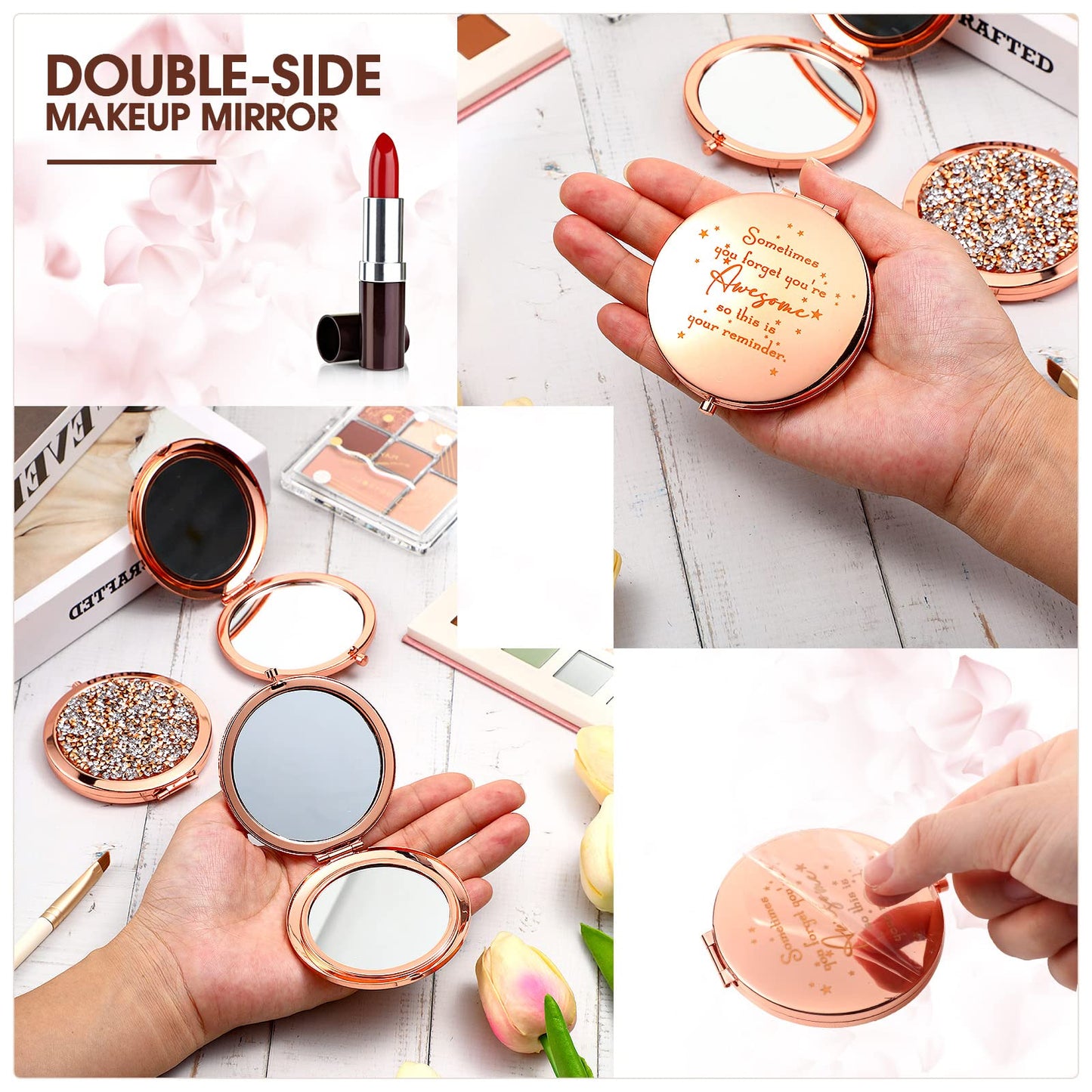 Roowest 10 Pcs Inspirational Compact Mirror Bulk You're Awesome Reminder Appreciation Gifts for Women Employee Coworker Friends Sisterhood Mothers Day Party Favors Pocket Mirrors (Rose Gold)