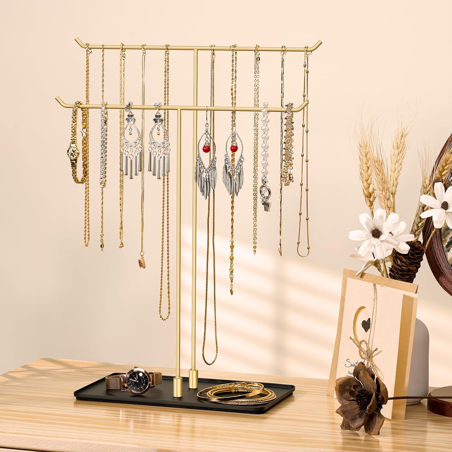 bussdis Necklace Holder Jewelry Stand Organizer for Necklaces and Bracelets, Metal Display Stand, Gift for Women, Ideal for Home, Bedroom, or Vanity, Gold and Black