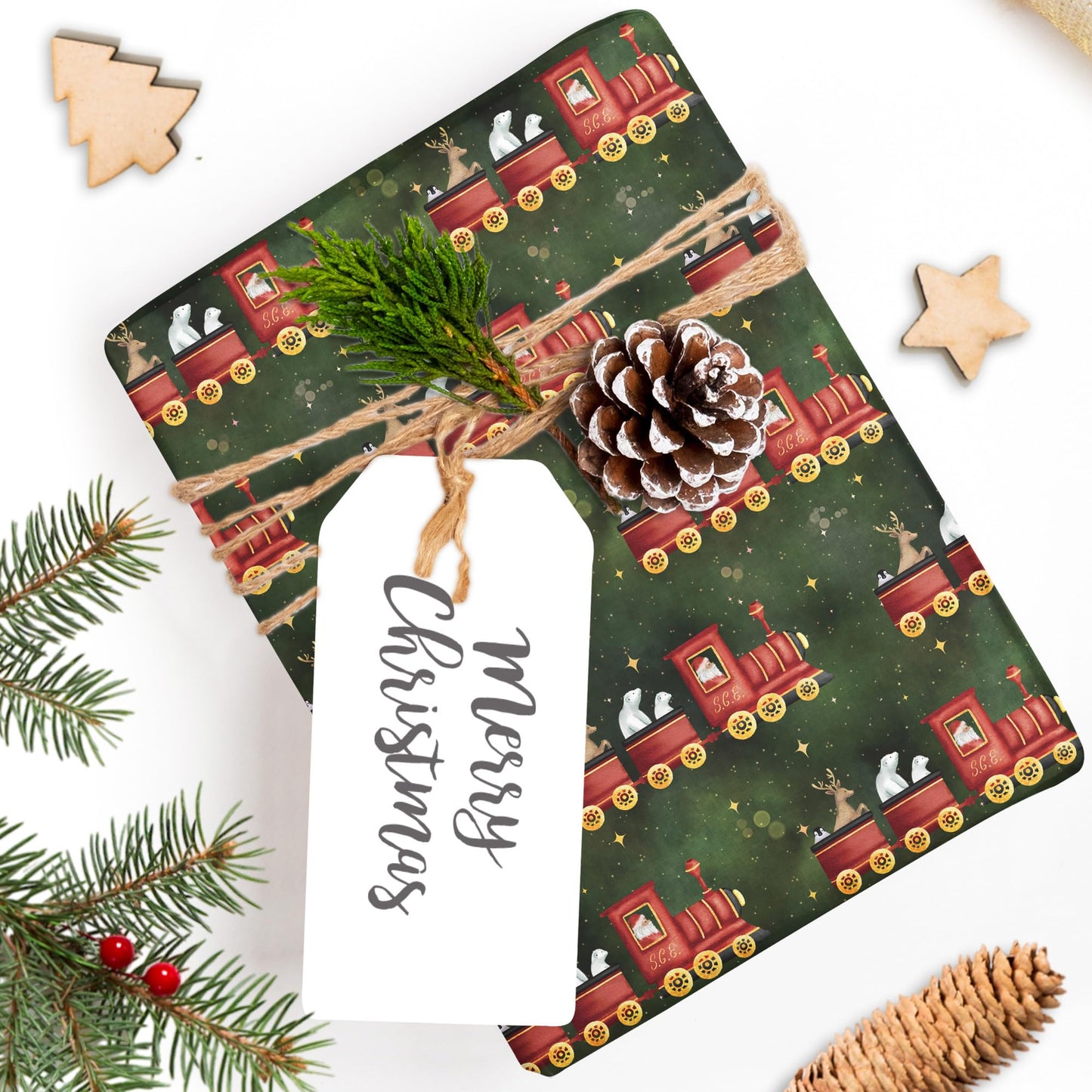 SaringSwoon Vintage Train Christmas Wrapping Paper for Baby Boys Girls Kids - Green Xmas Wrapping Paper with Red Trains, Santa, Polar Bears, Penguins for Holiday - 40×28 Inches, 4 Folded Sheets