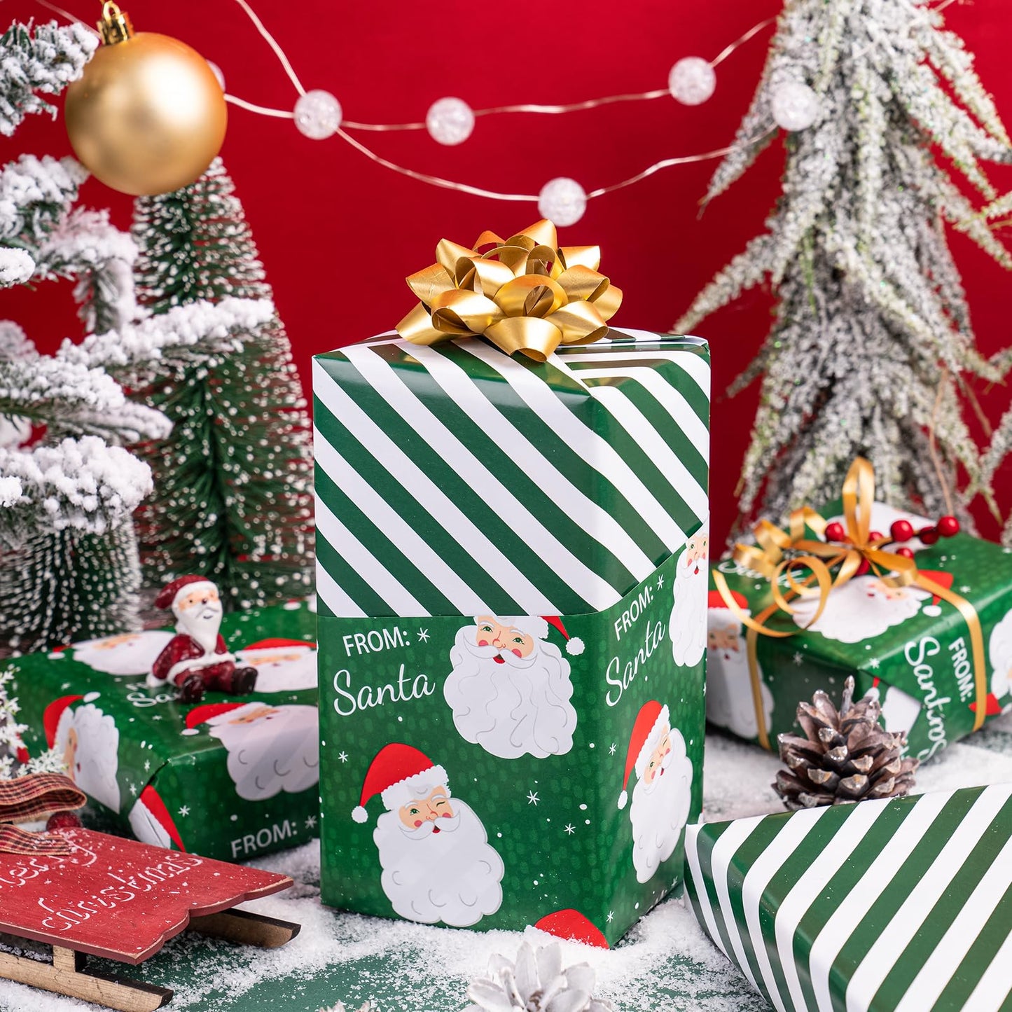 Reversible Christmas Wrapping Paper - Mini Roll - 17 Inch x 33 Feet - Green Santa Wrapping Paper and Stripe Perfect for Christmas, Holiday, Party Celebration