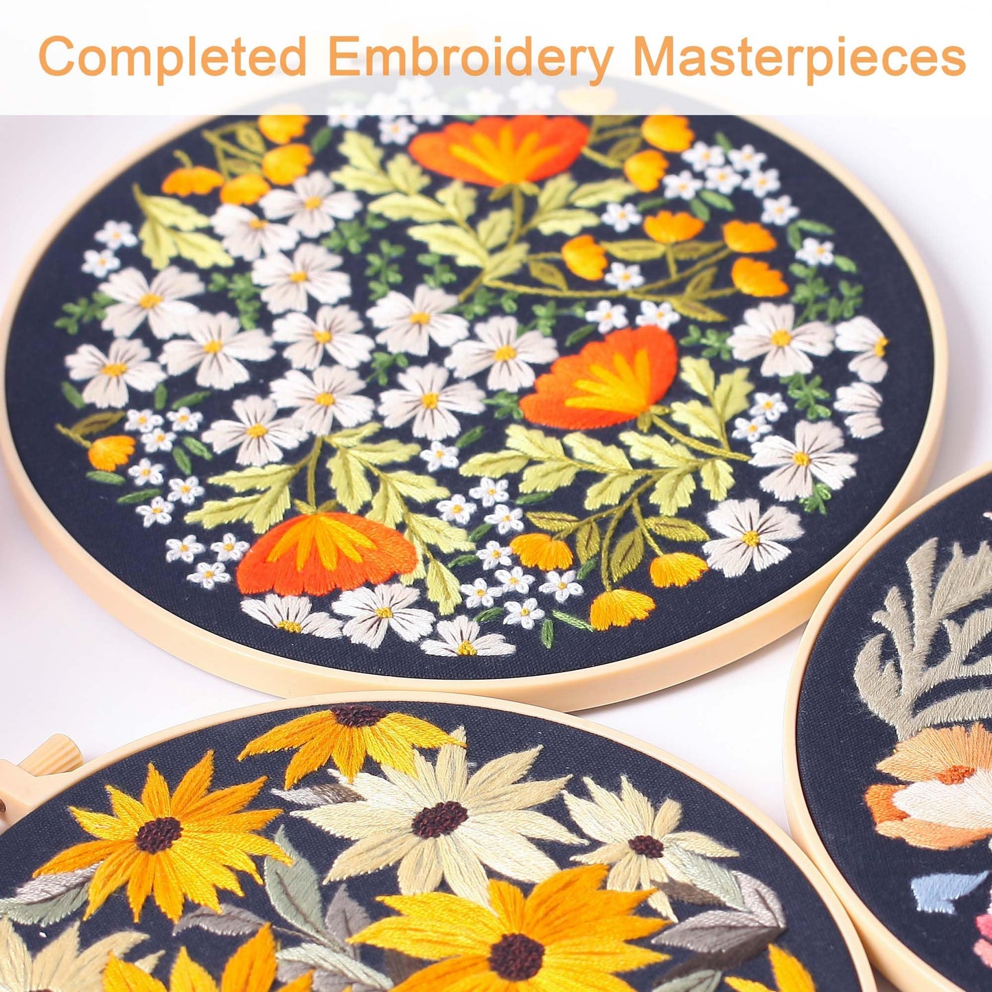 REEWISLY 3Pcs Embroidery Starter Kit with Patterns and Instructions, DIY Adult Cross Stitch Kits Beginner, Including 3 Plastic Embroidery Rings, 1 Scissors, Colored Threads and Needles