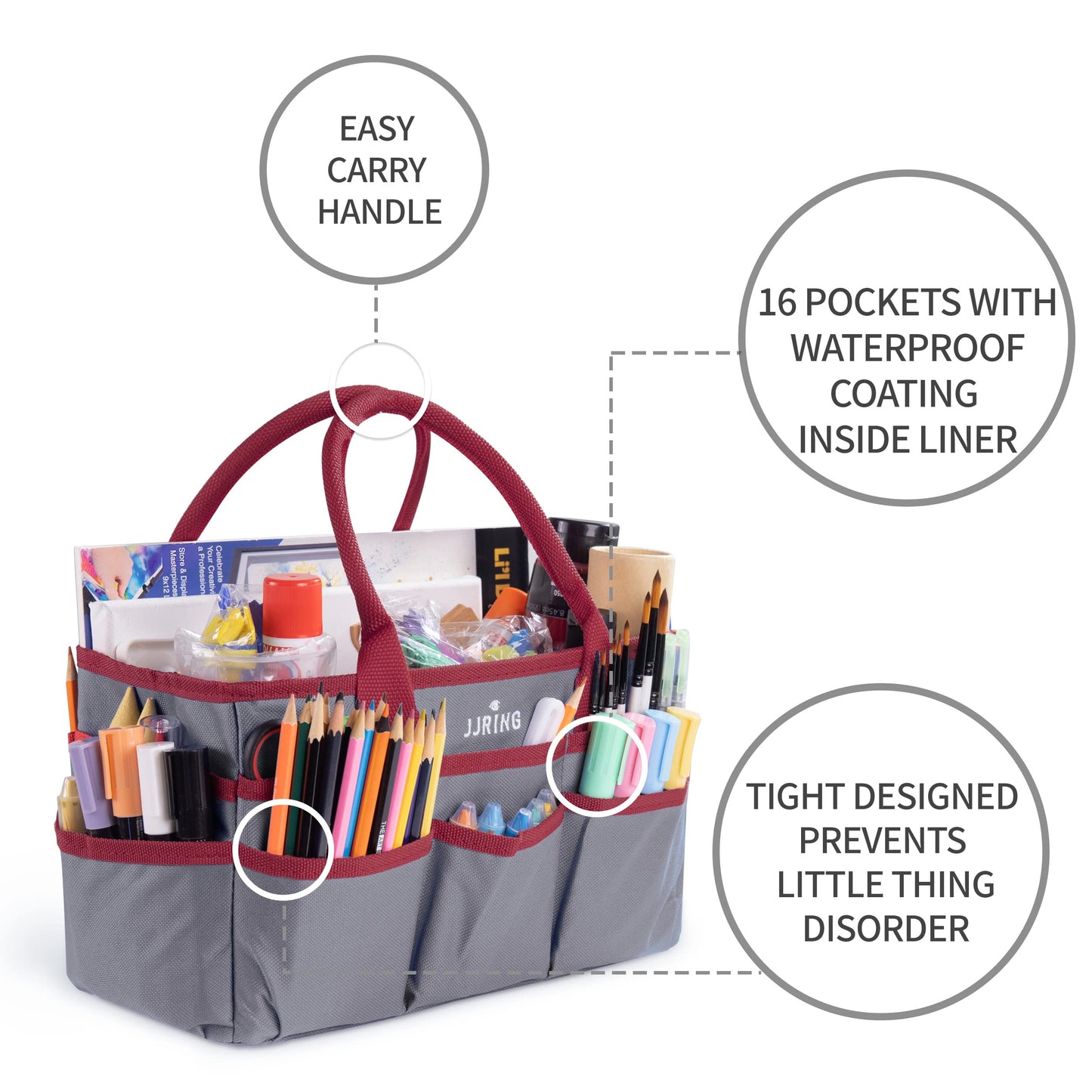 Craft and Art Tote - 600D Grey Nylon Fabric Art Sewing Organizer Bag with Pockets - for Craft, Scrapbooking, Medical, and Office Supplies Storage