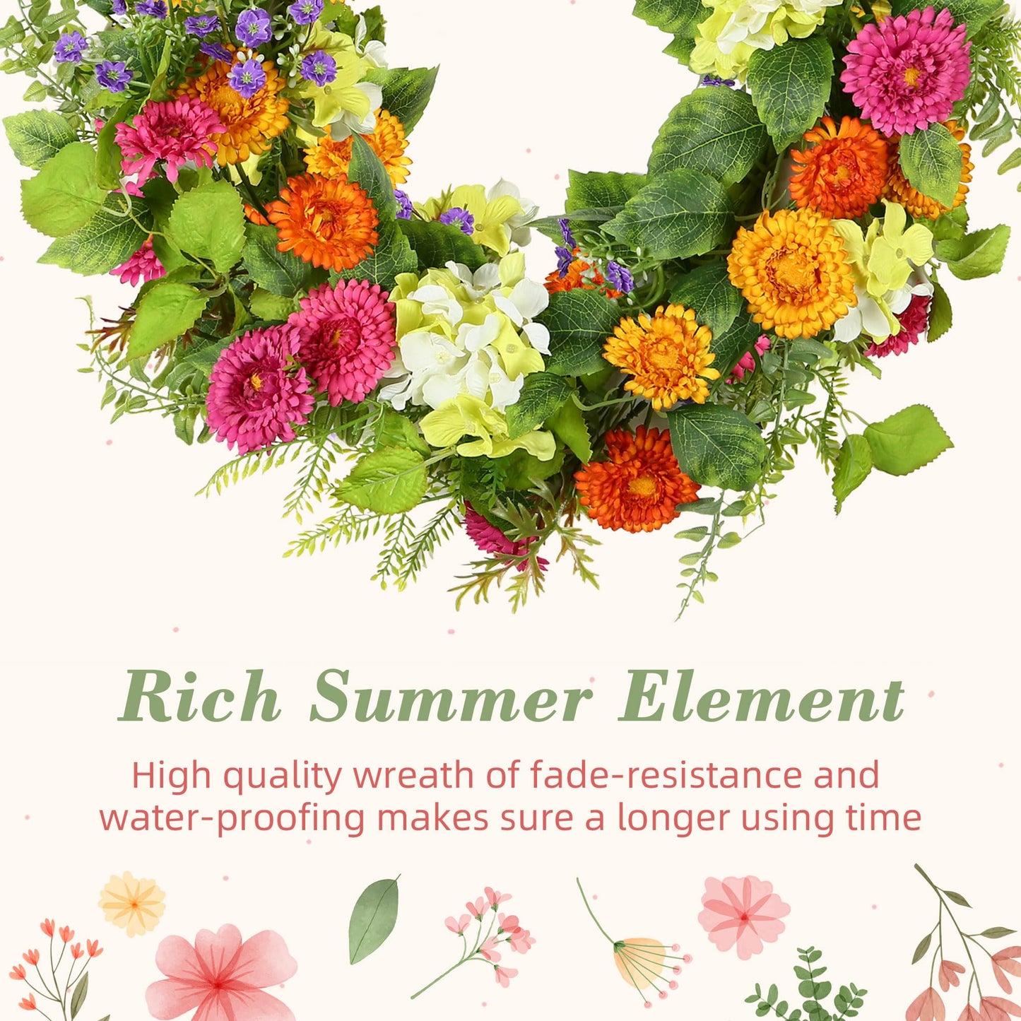 YNYLCHMX 18" Spring Summer Wreaths for Front Door, Artificial Floral Wreath with Daisy Flowers Green Tea Leaves, Green Foliage Wreath for Wall Window Farmhouse Party Holiday Home Decor