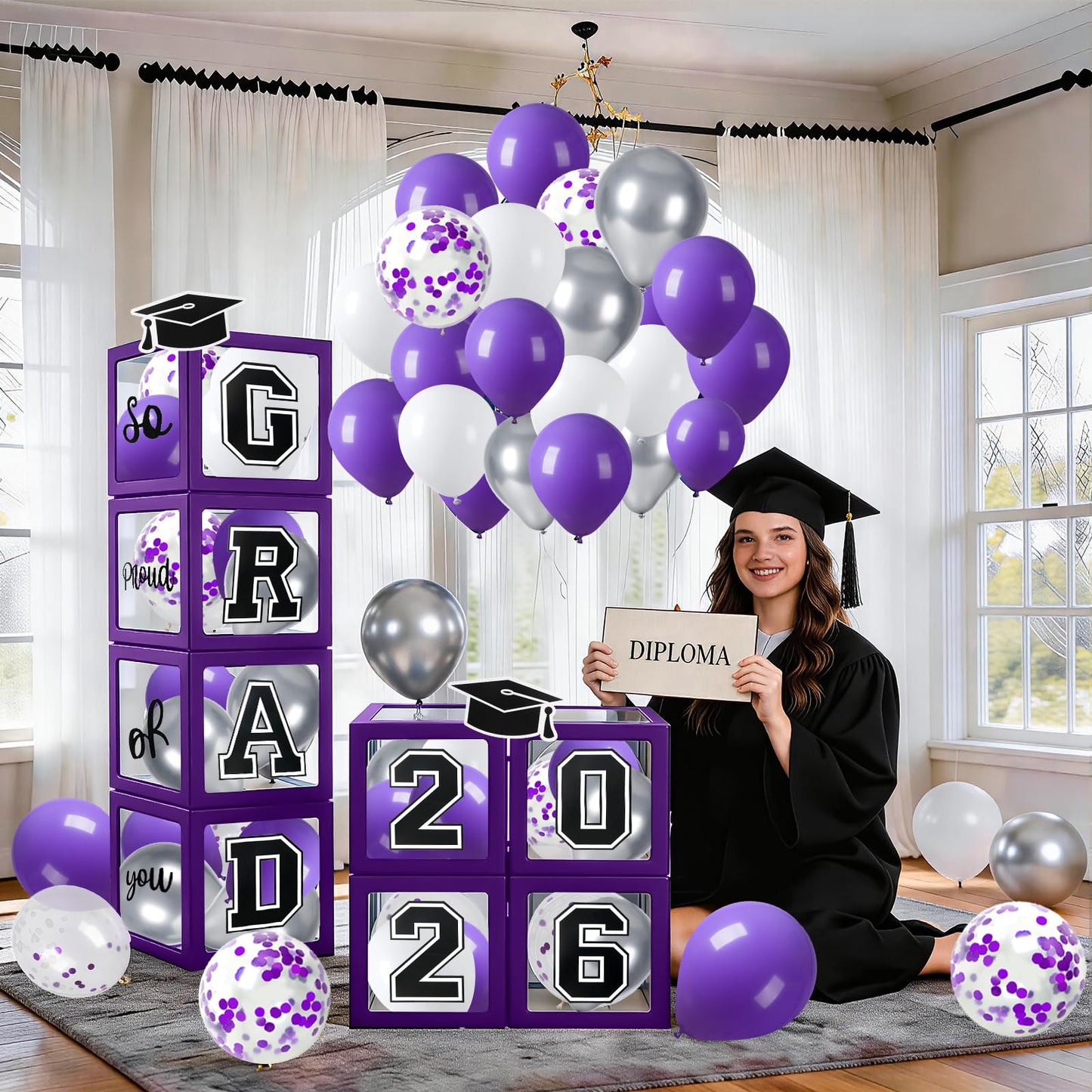 Graduation Decorations 2026 Graduation Party Decorations Set of 4 Boxes with 129pcs Balloons Arch Garland Kit Party Supplies for Any Grades Purple