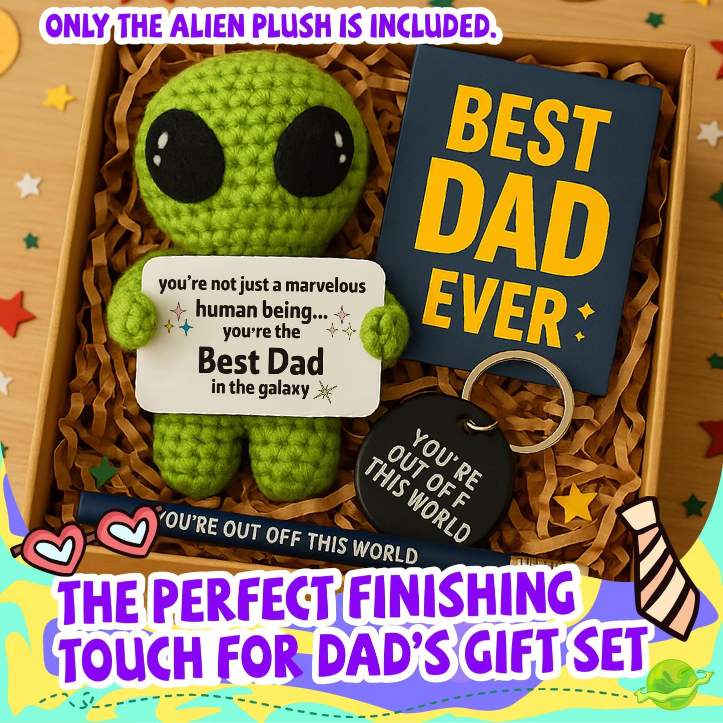 MAMAGIFTREE Fathers Day Funny Gift for Dad from Daughter Son with Message Card - Unique Dads Birthday Gifts for Husband from Wife Kids - Father’s Day Crochet Alien Handmade Decoration