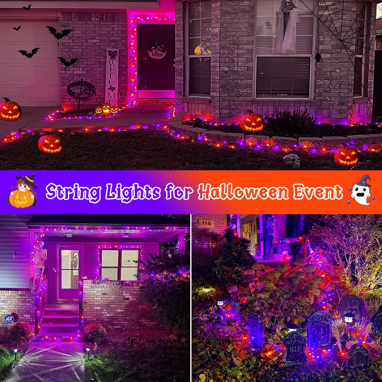 POTIVE 2 Pack Orange and Purple Halloween Lights, Total 151ft 400 LED Halloween Solar Lights Outdoor,8 Modes Solar String Lights Outdoor Waterproof